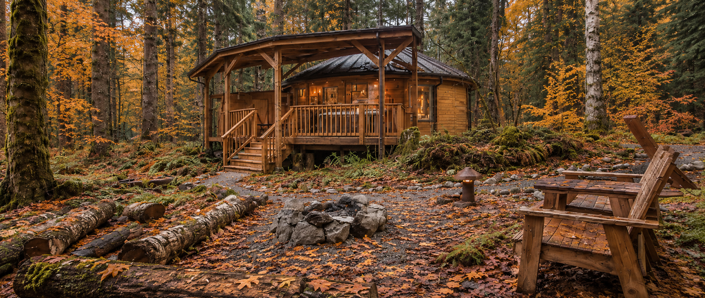 Outdoor fire pit at a cabin near Mount Rainier in fall