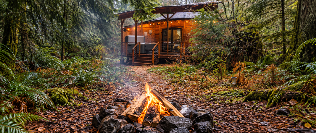 Couples Thanksgiving getaway in a forest cabin near Mount Rainier